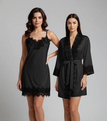Чорний жіночий комплект: нічна сорочка та халат з мереживом S 669+645-3 черн р L фото